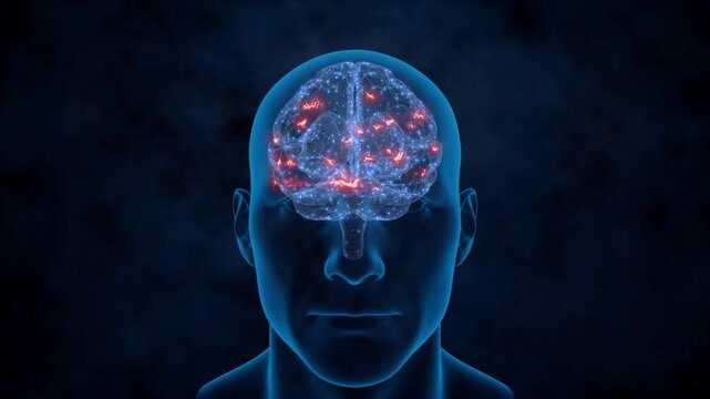 Animation human thought process. Loop rotation of human head and visible red impulses in cerebral cortex. 3D render. Translucent human head with glowing intricate neon brain. neurons synapses. Biology