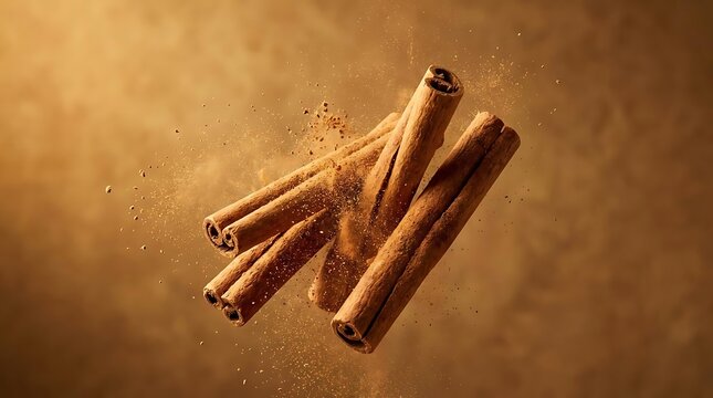Aromatic cinnamon sticks levitating with floating spice powder particles on a warm golden brown background for culinary concepts