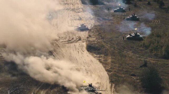 Military Tanks Driving on Dusty Field During Army Training Exercise. Armored Vehicles Moving in Formation. world war Battle Preparation, Defense and Combat Equipment. Russia Ukraine. Israel Iran