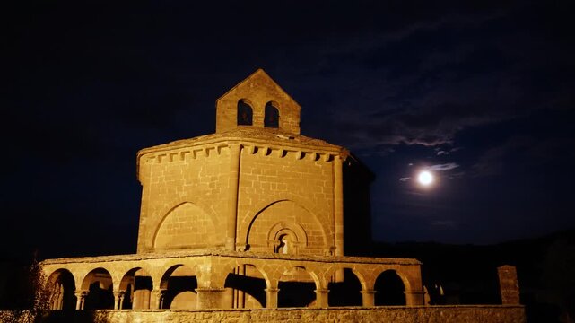 The Moon and the Romanesque Church of Santa Mar&iacute;a de Eunate in Muruz&aacute;bal, Puente la Reina Region, Navarre, Spain, Europe