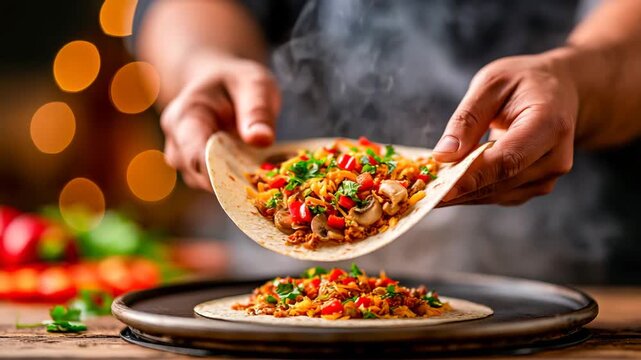 Hands Prepping Quesadilla Beside Outdoor Night Griddle