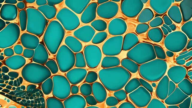 Abstract cellular network of golden veins over turquoise organic shapes, luxury texture background, biotech and science concept, elegant modern pattern.