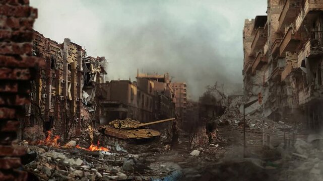 Post Apocalyptic Cityscape with Ruined crumbling Buildings. dramatic and haunting view world war city. Gaza Strip Palestine. devastated town. rubble. Israel Iran. Russia Ukraine. Syria. military. end