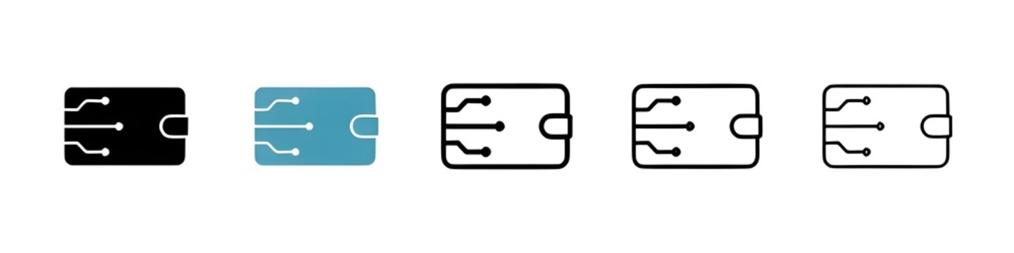 Cryptocurrency wallet icons pack in black and blue. Thin line customizable illustration. Contour symbol. Vector isolated outline drawing. Editable stroke