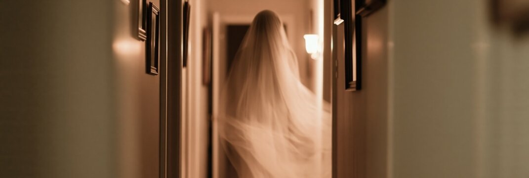 Ghostly figure floating in dark residential hallway, mysterious paranormal presence for Halloween concept