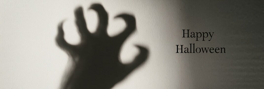 Scary monster hand shadow on wall with Happy Halloween text, panoramic holiday banner