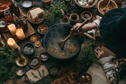 Witch stirring dark potion in cauldron on rustic wooden kitchen table, folk horror Halloween concept