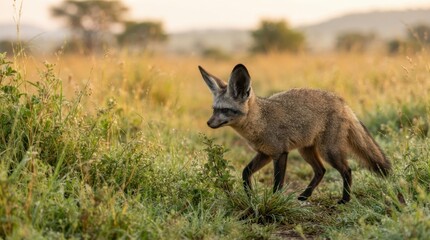 Fototapeta premium Bat-eared fox walks through tall grass at sunrise in the African savanna