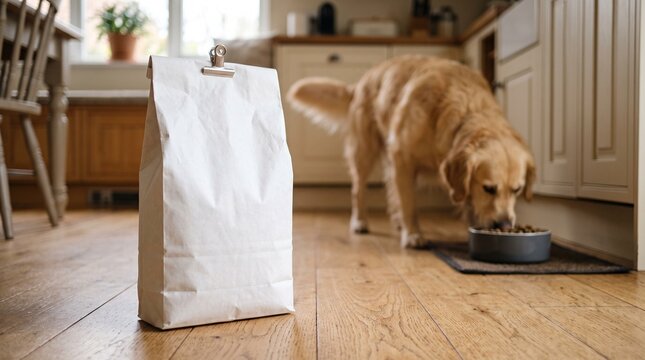 Blank dog food bag mockup standing on kitchen floor with Golden Retriever eating from bowl in background