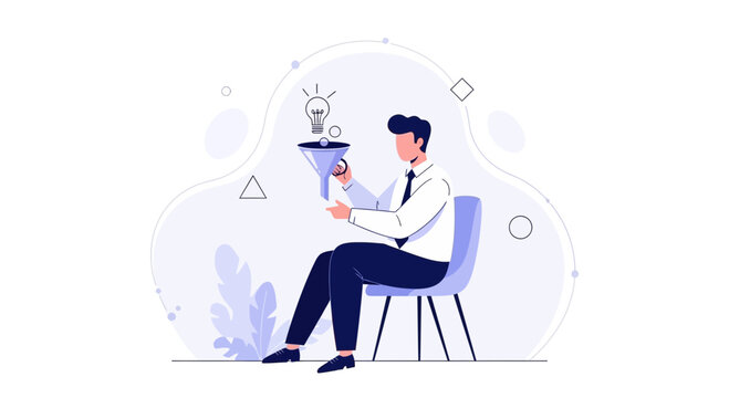 Businessman using funnel to filter ideas, symbolizing innovation, filtering, and concept development in business.