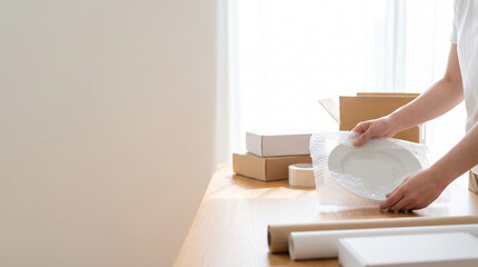 Fototapeta premium Hands wrapping a ceramic plate in bubble wrap at a tidy workspace 