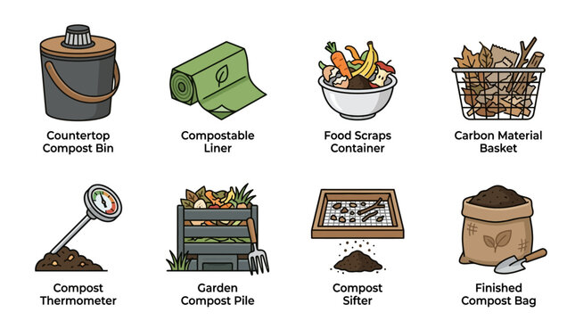 Composting equipment icons display essential household tools for organic waste management and recycling.