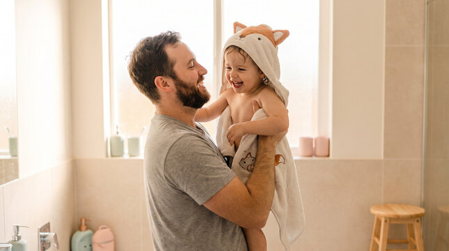 Father holding his joyful child in a bathroom after bath time  