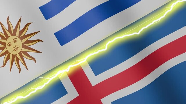 Two waving flags Uruguay and Iceland with diagonal lightning seamless, 4k loop