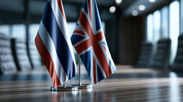 Close up of thai and british flags in a modern conference room setting with an elegant wooden table and contemporary chairs
