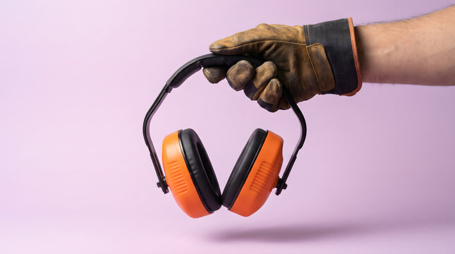 Hand Holding Orange Industrial Hearing Protection Ear Muffs on Pastel Background