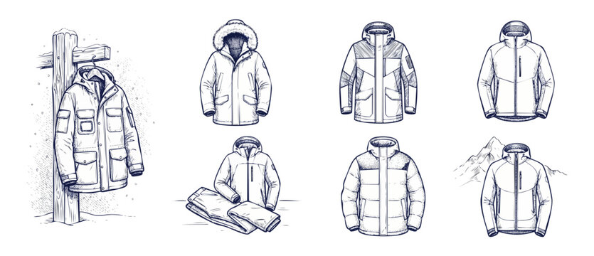 Winter jacket parka vector sketch collection showing cold weather coats, hooded puffer, outdoor ski wear, insulated outerwear illustrations isolated on white background for apparel design.