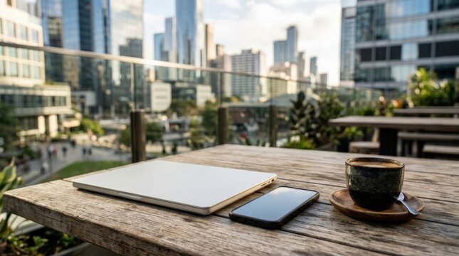 A closed laptop, a smartphone, and a cup of coffee rest on a wooden table on a city balcony as music production happens outdoors with skyscrapers in the soft morning sunlight