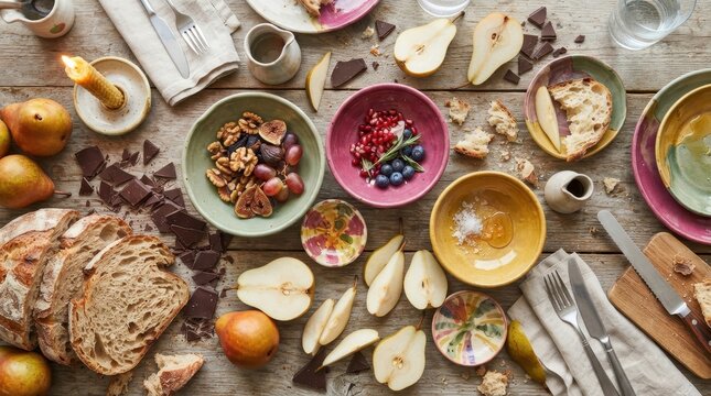 Rustic table setting with fresh fruit, bread, chocolate, and nuts