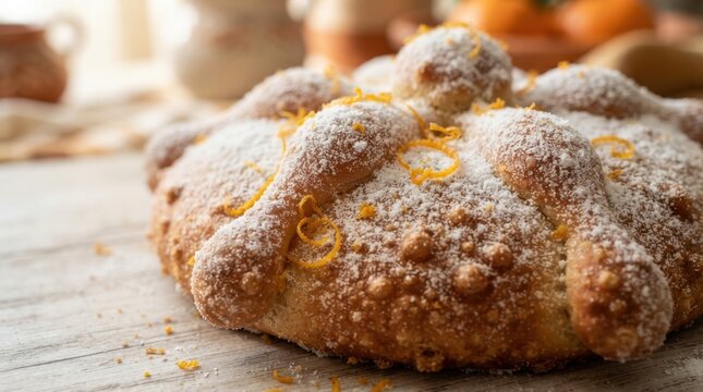 Pan de Muerto bread dusted with powdered sugar and orange zest on a wooden table