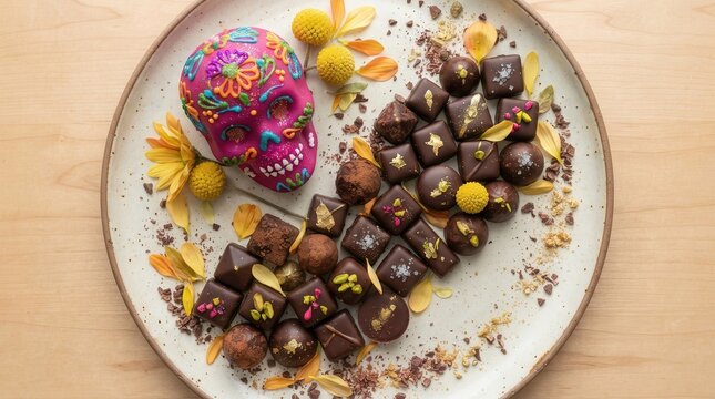 Day of the Dead decorated skull with gourmet chocolates and flowers on a plate
