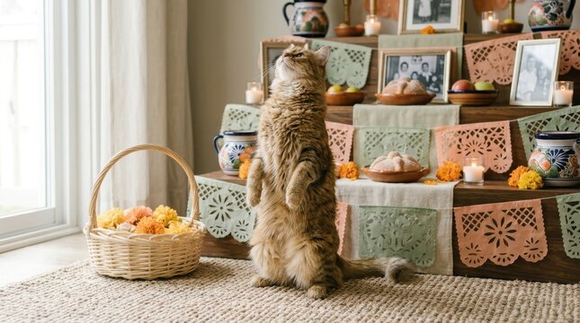 Cat standing on hind legs near Dia de Muertos altar with flowers and bread