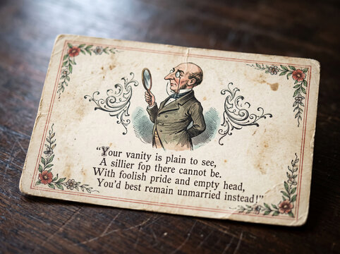 Antique satirical illustrated postcard titled The Vanity Fancies on dark wood