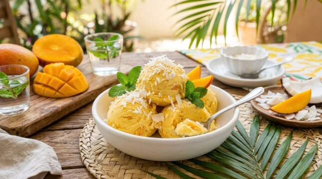 Delicious mango coconut ice cream scoops topped with shredded coconut and mint
