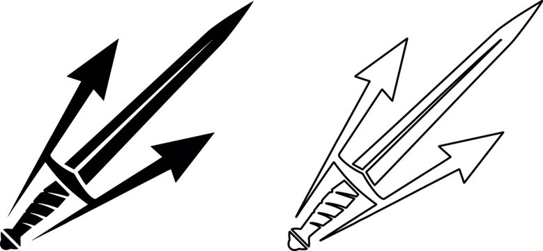 Minimalist graphic vector illustration of sharp trident and sai weapons isolated on white background with bold black lines.