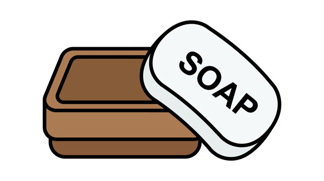 Brown soap dish with a white bar of soap labeled SOAP, highlighting bathroom hygiene and skincare essentials.