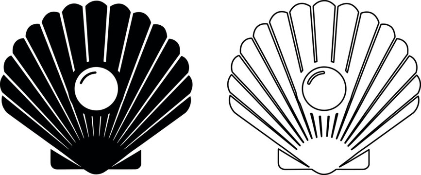 Black and white seashell icons with a precious pearl inside, showing elegance and marine beauty in a clean graphic style.