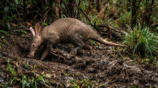 Aardvark digging a new burrow in the muddy forest floor