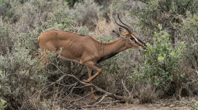 Dibatag antelope reaching for green foliage in arid bushland habitat