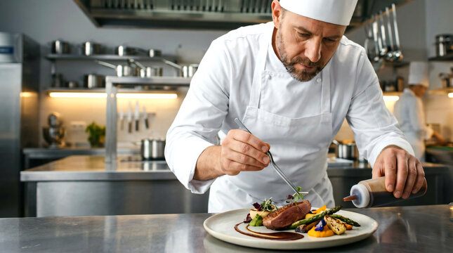 A professional chef wearing a pristine white chef's jacket, apron, and toque carefully plating an elegant gourmet dish in a modern commercial kitchen studio.