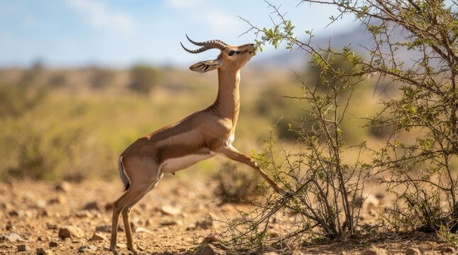 Dibatag gazelle reaching up to eat leaves from a thorny acacia tree