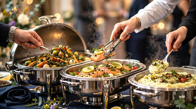 A cinematic close-up of guests' hands using serving utensils to select freshly prepared food from an elegant buffet catering table during a formal celebration or corporate event. 