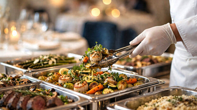 Professional chef's hands serving and arranging freshly prepared dishes behind a full lunch service station filled with an assortment of gourmet food presented in stainless steel buffet trays. 