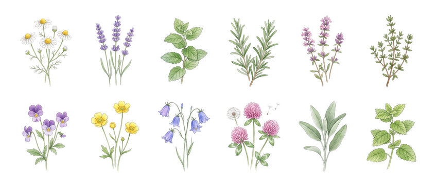 Herbal botanical illustration set isolated on black background featuring medicinal plants, wild flowers, lavender, chamomile, rosemary, mint, sage, clover, and thyme for natural organic design element