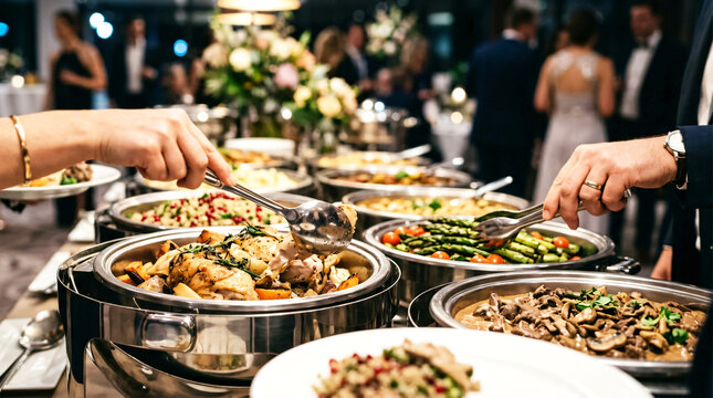 A cinematic close-up of guests' hands using serving utensils to select freshly prepared food from an elegant buffet catering table during a formal celebration or corporate event. 