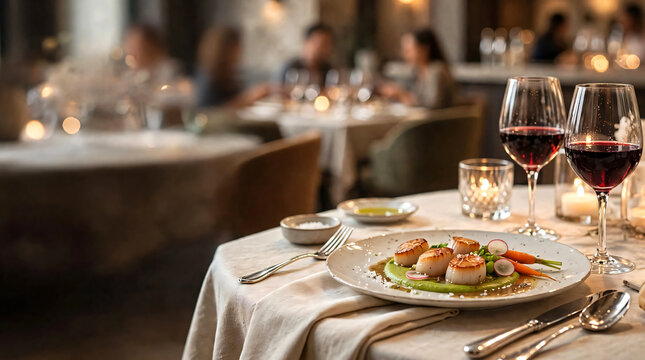 An elegant restaurant table beautifully set with crystal red wine glasses, a gourmet fine dining meal, polished cutlery, linen napkins, and refined tableware, creating a sophisticated.