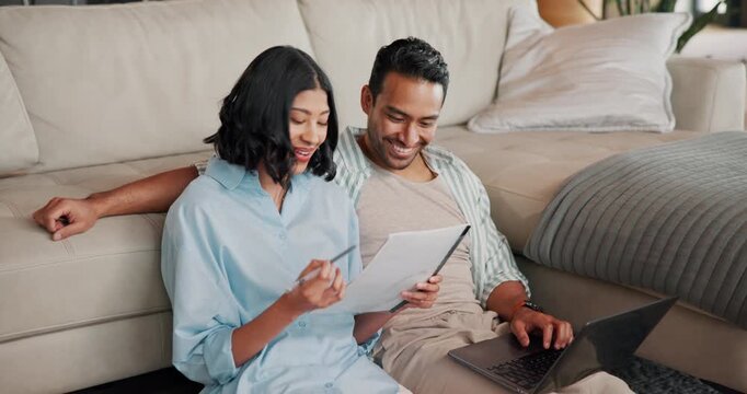 Financial planning, paperwork and happy couple with laptop in home, online or investment on website. Asset management, research and people with documents, laugh and budget review with tech in house