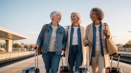 Obraz premium Three happy senior women traveling together on train platform