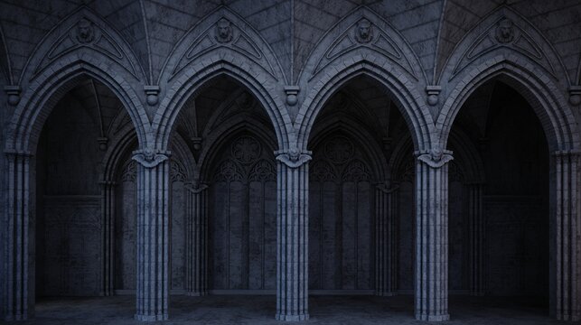 Abandoned night castle with a large gothic window or crypt