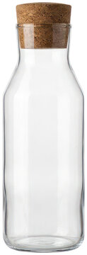 Clear glass carafe bottle with cork stopper.