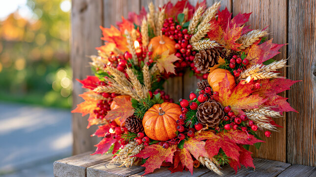 Elegant Thanksgiving celebration background featuring rustic wooden planks with a circular autumn harvest wreath made from dried wheat, maple leaves, small pumpkins, berries and pinecones, warm cand