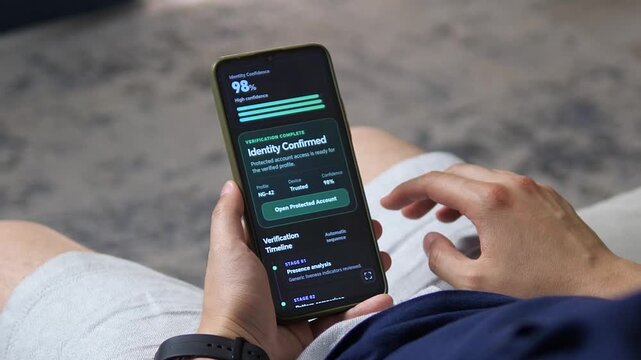 Mobile identity verification confirms a trusted user with 98percent confidence, highlighting biometric security, protected account access and digital authentication.