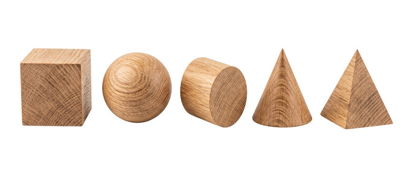 3D Wooden Geometric Shapes Set featuring oak cube sphere cylinder cone pyramid blocks arranged on isolated black background for education, design, and math concepts, minimalist render.
