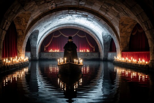 Mysterious masked figure in top hat standing in a candle-lit boat