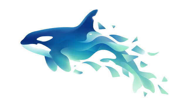 Stylized orca whale illustration with geometric splash. Blue killer whale graphic art. Modern marine animal design for conservation branding.