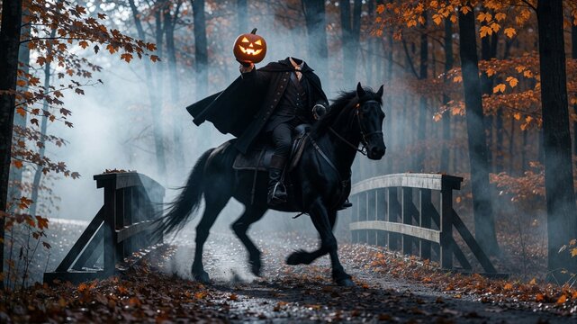 Headless Horseman riding a black horse holding a glowing pumpkin